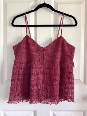 NWT Lucky Brand Lace Babydoll Cami Tank Top Boho Bow Lined Mauve Pink Large